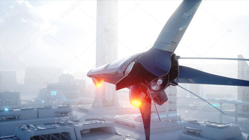 Sci fi ship over futuristic fog city. Aerial view. Concept of future. 3d rendering.