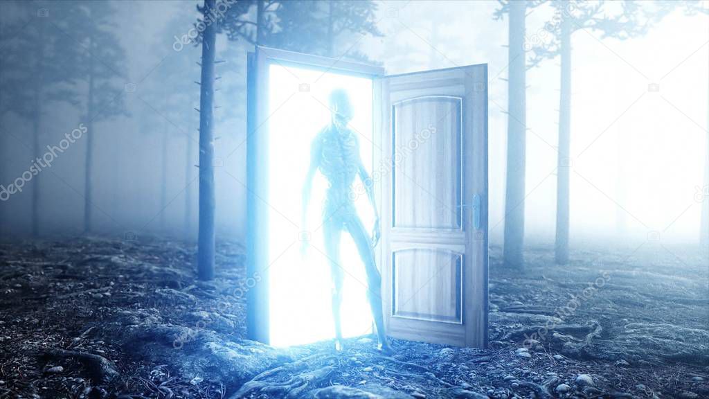 Alien in fog night forest. Light portal door. UFO concept. 3d rendering.