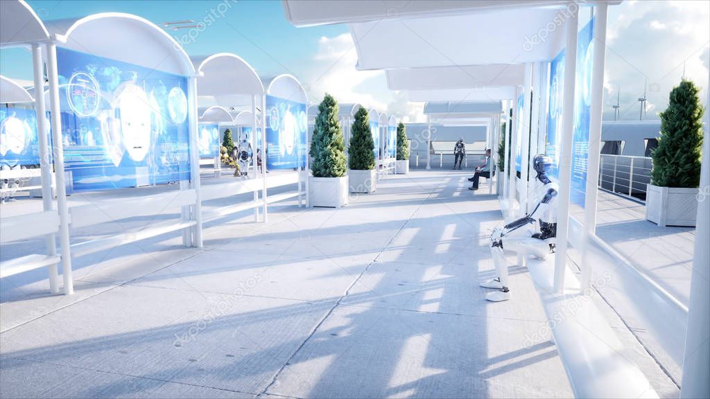 People and robots. Sci fi station. Futuristic monorail transport. Concept of future. 3d rendering.