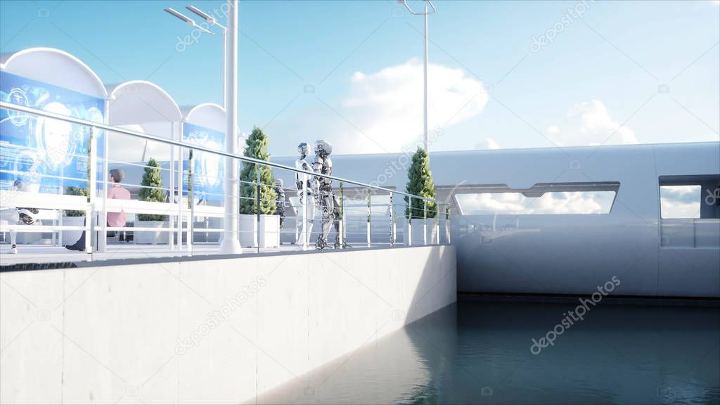 People and robots. Sci fi station. Futuristic monorail transport. Concept of future. 3d rendering.