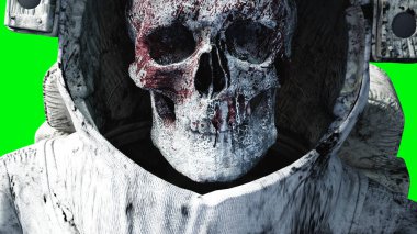 Ölü zombi astronot uzayda. Kadavra. Yeşil ekran. 3D render.