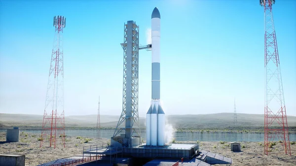 Rocket before the start. Space launch system. 3d rendering. — Stock Photo, Image