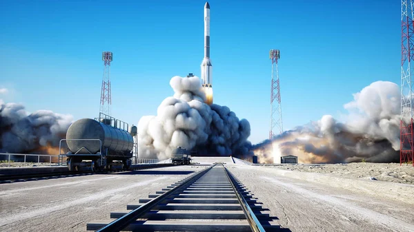 Rocket launch animation. Daylight. Space launch system. 3d rendering. — Stock Photo, Image