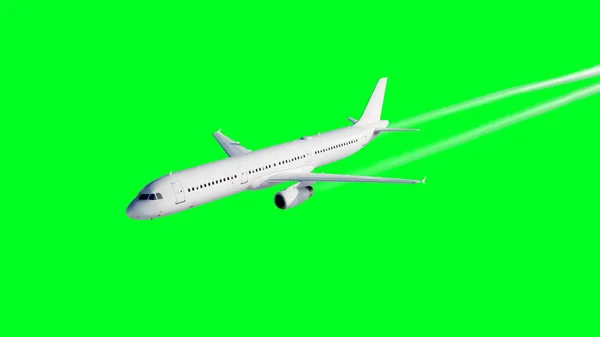 Flygande passagerarplan. Isolera grön skärm. . Ett kondens spår av ett flygplan. 3D-rendering. — Stockfoto