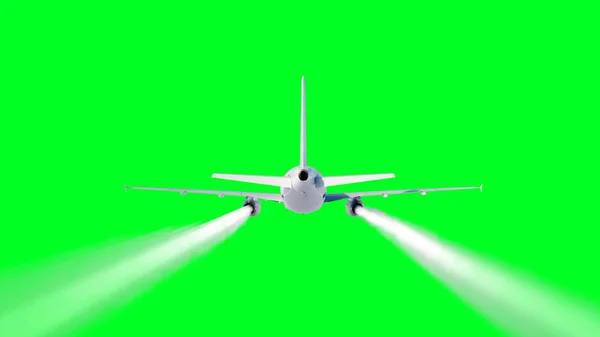 Osobní létající letadlo. Izolujte zelená obrazovka. . Kondenzační stopa letadla. 3D vykreslování. — Stock fotografie