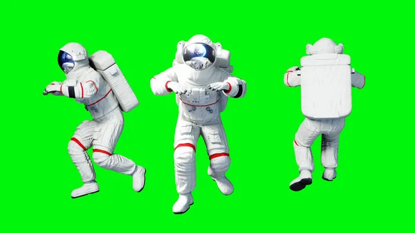 Levitatie van de astronaut in de ruimte. Groen scherm. 3D-rendering. — Stockfoto