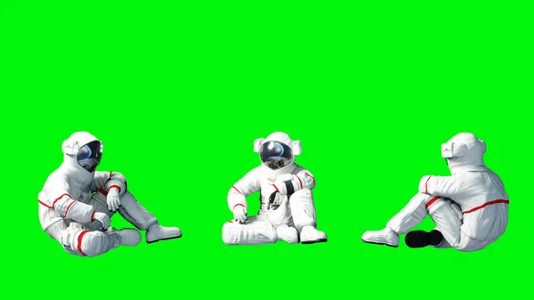 Astronaut zitten idlle. Groen scherm. 3D-rendering. — Stockfoto