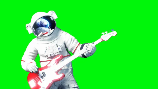 Grappige astronaut spelen op basgitaar. Groen scherm. 3D-renderimg. — Stockfoto