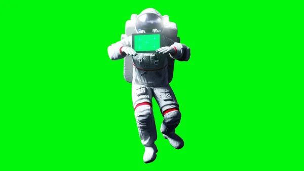 Astronaut in space with tablet, monitor. Green screen tracking footage. 3d rendering.