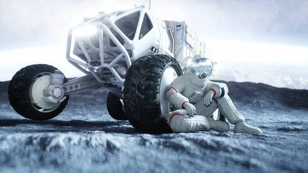 Astronauta en la luna con el rover. renderizado 3d . — Foto de Stock