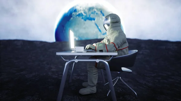 Astronaut på månen arbetar med notebook. 3D-rendering. — Stockfoto