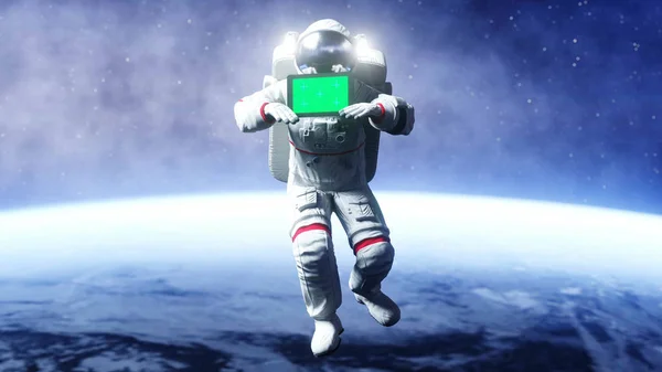 Astronauta no espaço com tablet, monitor. Renderização 3d . — Fotografia de Stock