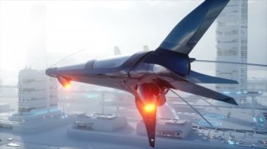 Sci fi gemiyi fütüristik sis şehri ele. Havadan görünümü. Gelecek kavramı. Gerçekçi 4 k animasyon.