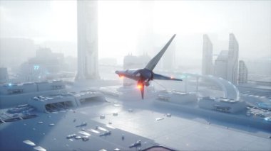 Sci fi gemiyi fütüristik sis şehri ele. Havadan görünümü. Gelecek kavramı. Gerçekçi 4 k animasyon.