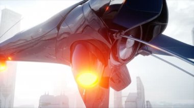 Sci fi gemiyi fütüristik sis şehri ele. Havadan görünümü. Gelecek kavramı. Gerçekçi 4 k animasyon.
