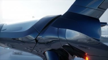 Sci fi gemiyi fütüristik sis şehri ele. Havadan görünümü. Gelecek kavramı. Gerçekçi 4 k animasyon.