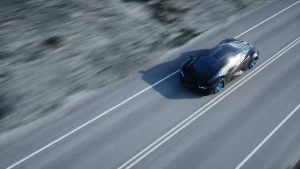 Coche eléctrico futurista negro en la carretera en el desierto. Conduce muy rápido. Concepto de futuro. Animación realista 4k . — Vídeos de Stock