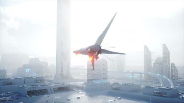 Nave de ciencia ficción sobre ciudad de niebla futurista. Vista aérea. Concepto de futuro. Animación realista 4K . — Vídeos de Stock