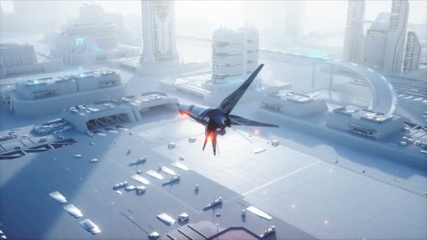 Sci fi πλοίο πάνω από ομίχλη φουτουριστική πόλη. Εναέρια άποψη. Έννοια του μέλλοντος. Ρεαλιστικό animation 4 k. — Αρχείο Βίντεο