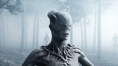 sis gece Orman korkunç canavar. Korku ve dehşet. Mistic ve ufo kavramı. Gerçekçi 4 k animasyon.