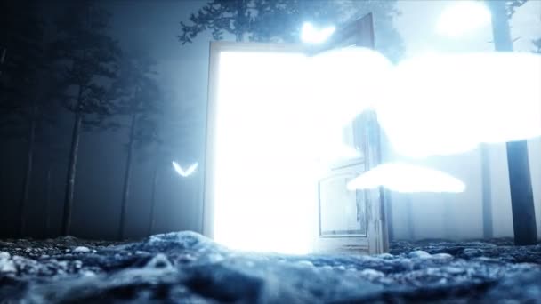 Farfalle incandescenti nella foresta nebbia notturna. Porta del portale luminoso. Idea mistica e magica. Animazione realistica 4k . — Video Stock