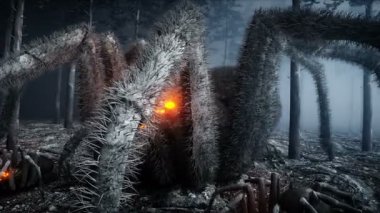sis gece ormanda korkunç GIGANT örümcek. Korku ve dehşet. Mistic ve Cadılar Bayramı kavramı. Gerçekçi 4 k animasyon.