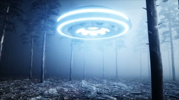 UFO στην ομίχλη νύχτα πνεύμα δάσος. προσγείωση θέση. 4 k κινούμενα σχέδια. — Αρχείο Βίντεο