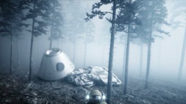 Astronot sis gece ormanda. Korku ve dehşet. yere iniş. 4 k animasyon.