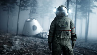Astronot sis gece ormanda. Korku ve dehşet. yere iniş. 4 k animasyon.