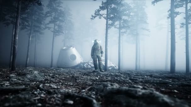 霧の夜の森で宇宙飛行士。不安と恐怖。着陸地点。4 k のアニメーション. — ストック動画