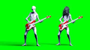 Komik yabancı bas gitar çalıyor. Gerçekçi hareket ve cilt Shader. 3D render.