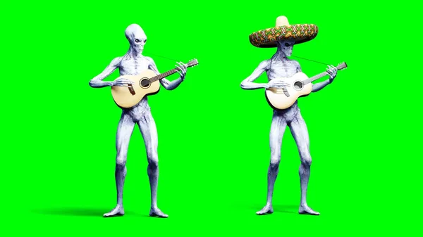 Divertente alieno suona la chitarra acustica. Movimento realistico e ombreggiature della pelle. rendering 3d . — Foto Stock