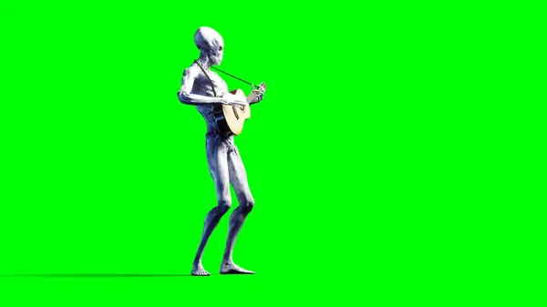 Rolig alien spelar på akustisk gitarr. Realistisk rörelse och hud shaders. 3D-rendering. — Stockfoto