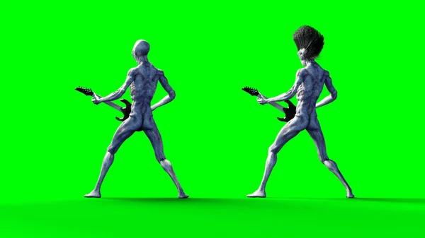 Забавные инопланетяне играют на электрогитаре. Реалистичное движение и кожные шейдеры. 3d-рендеринг . — стоковое фото