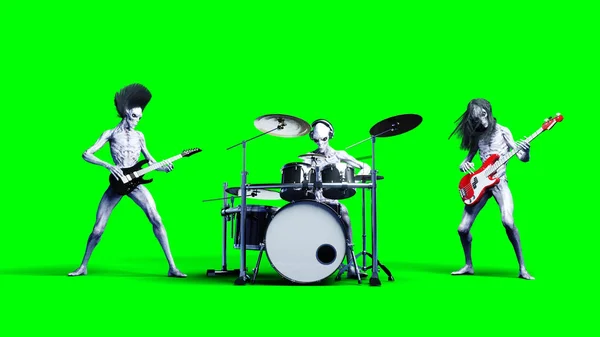 Funny alien rock band. Bass, drum, guitar. Realistic motion and skin shaders. 3d rendering. — Stock Photo, Image