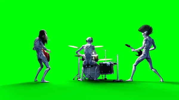 Смешная инопланетная рок-группа. Бас, барабан, гитара. Реалистичное движение и кожные шейдеры. 3d-рендеринг . — стоковое фото