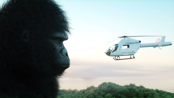 Gorila gigante e helicóptero na selva. Animal pré-histórico e monstro. Pele realista e animação. Renderização 4K . — Vídeo de Stock