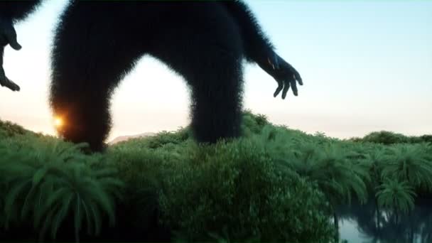 Гигантская горилла и вертолет в джунглях. Доисторическое животное и монстр. Реалистичный мех и анимация. 4K рендер . — стоковое видео
