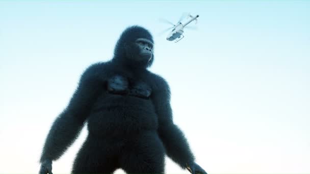 Gorilla gigante ed elicottero nella giungla. Animale preistorico e mostro. Pelliccia realistica e animazione. Rendering 4K . — Video Stock