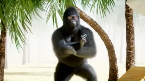 Gorilas y monos divertidos bailando en la playa soleada. Concepto de turismo y descanso. Animación realista 4K . — Vídeos de Stock