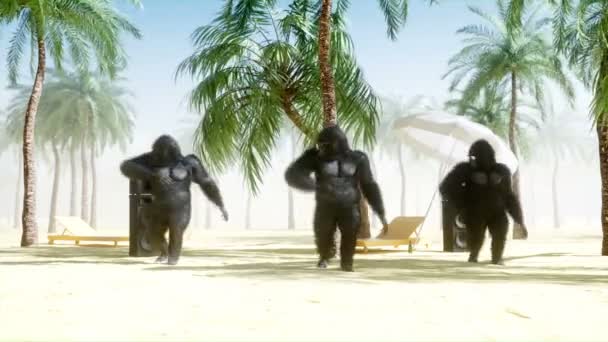 Grappige gorilla's en apen dansen op de zonnige kust. Toerisme en rest concept. Realistische 4 k-animatie. — Stockvideo