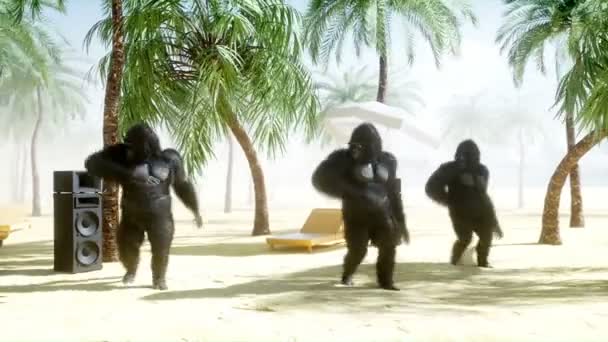 Grappige gorilla's en apen dansen op de zonnige kust. Toerisme en rest concept. Realistische 4 k-animatie. — Stockvideo
