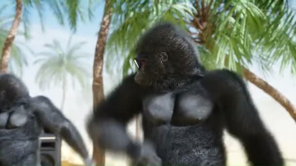 Забавные гориллы и обезьяны танцуют на солнечном побережье. Концепция туризма и отдыха. Реалистичная 4K-анимация . — стоковое видео