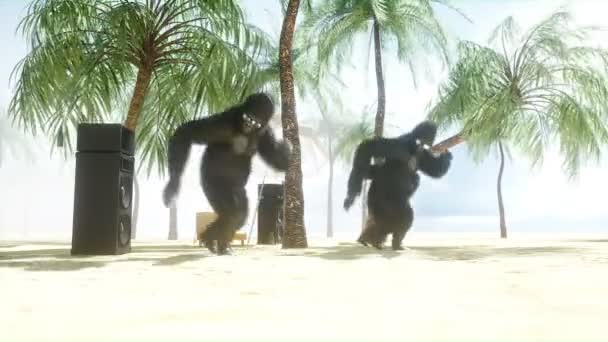 Funny gorillas and monkeys dancing on sunny seaside. Tourism and rest concept. Realistic 4K animation. — Stock Video