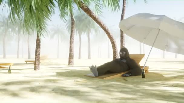 Funny gorila en gafas se encuentra en una tumbona. Playa y palmeras. Spa, concepto de resort. Animación realista 4K . — Vídeo de stock