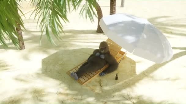 Divertente gorilla in occhiali si trova su una sedia a sdraio. Spiaggia e palme. Spa, concetto di resort. Animazione 4K realistica . — Video Stock