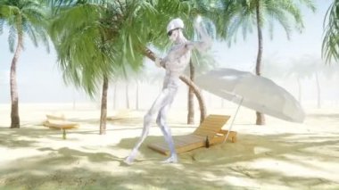 Komik yabancı Güneşli sahil üzerinde dans. Dinlenme ve Turizm kavramı. Gerçekçi 4 k animasyon.