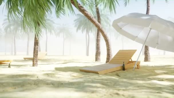 Liegestuhl am sonnigen Strand und Palmen. Wellness, Resort-Konzept. realistische 4k-Animation. — Stockvideo