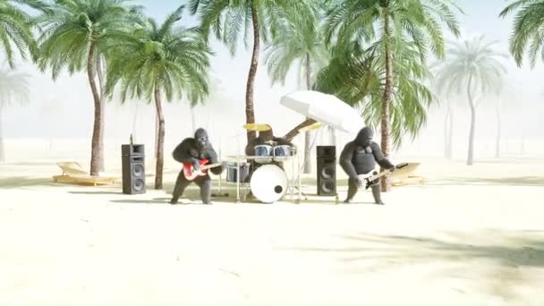 Divertenti gorilla e scimmie suonano la chitarra e la batteria. Festa rock sul mare soleggiato. Animazione 4K realistica . — Video Stock