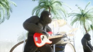 Komik goriller ve maymunlar gitar ve davul çalmak. Güneşli sahil rock parti var. Gerçekçi 4 k animasyon.